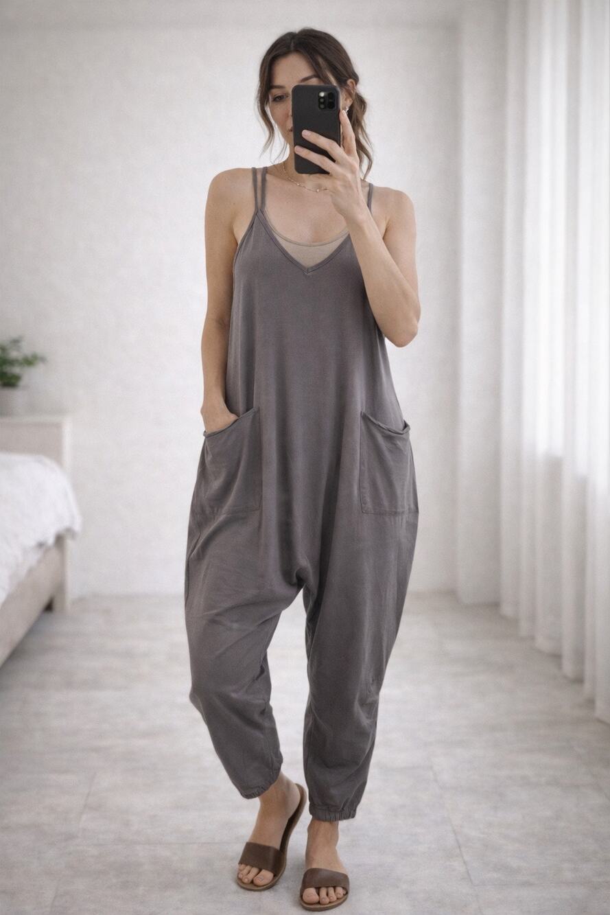 Gray Cotton Harem Jumpsuit Adjustable Straps Pockets Boho Medium